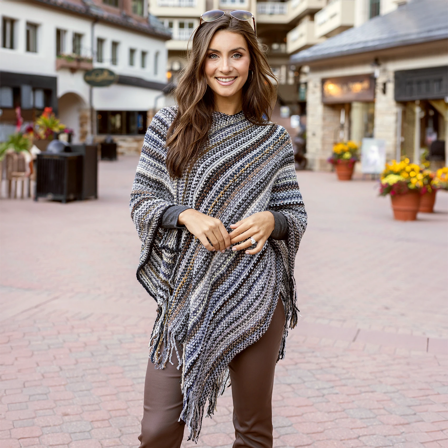 Asymmetrical Knit Poncho in Dark Multi