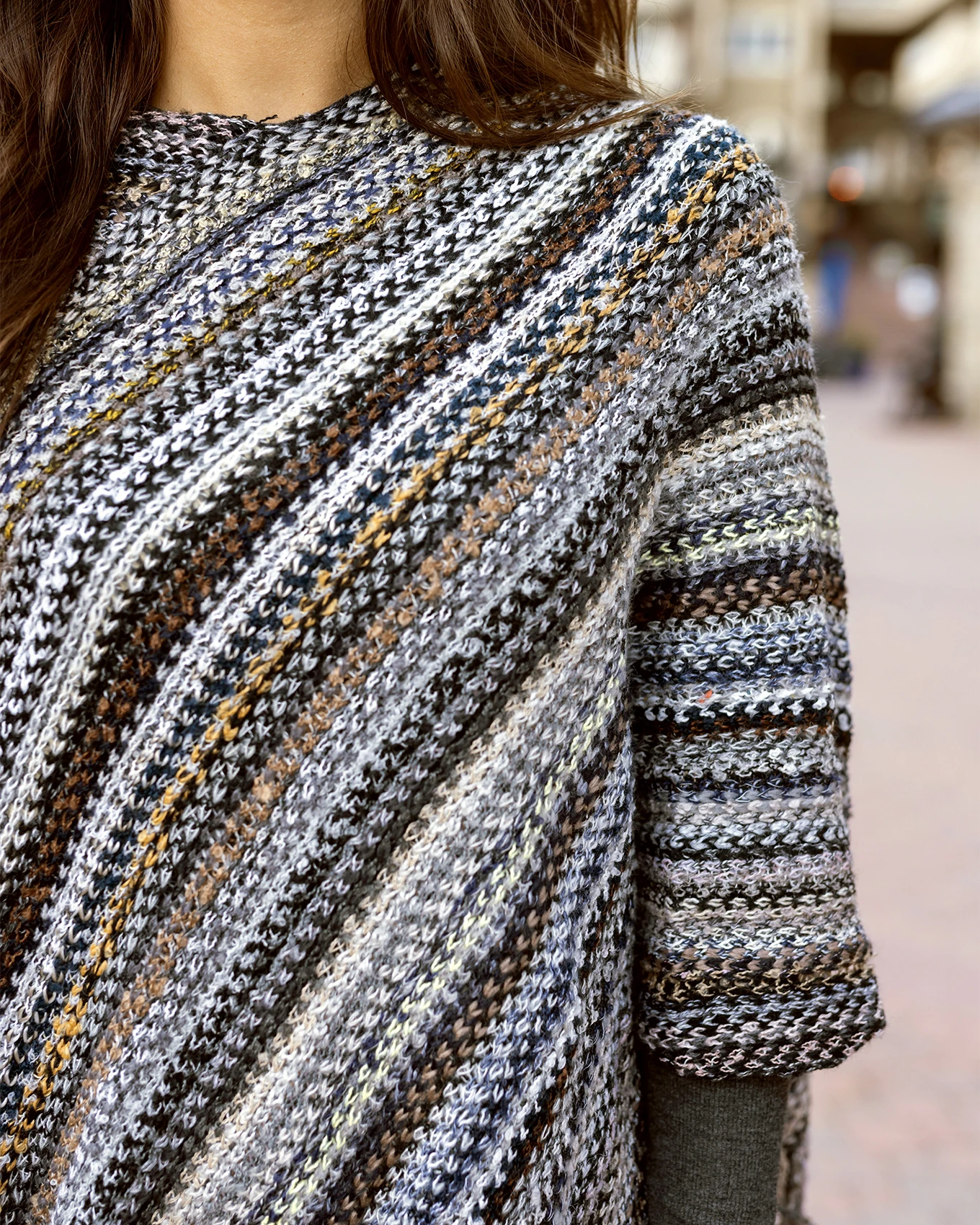 Asymmetrical Knit Poncho in Dark Multi