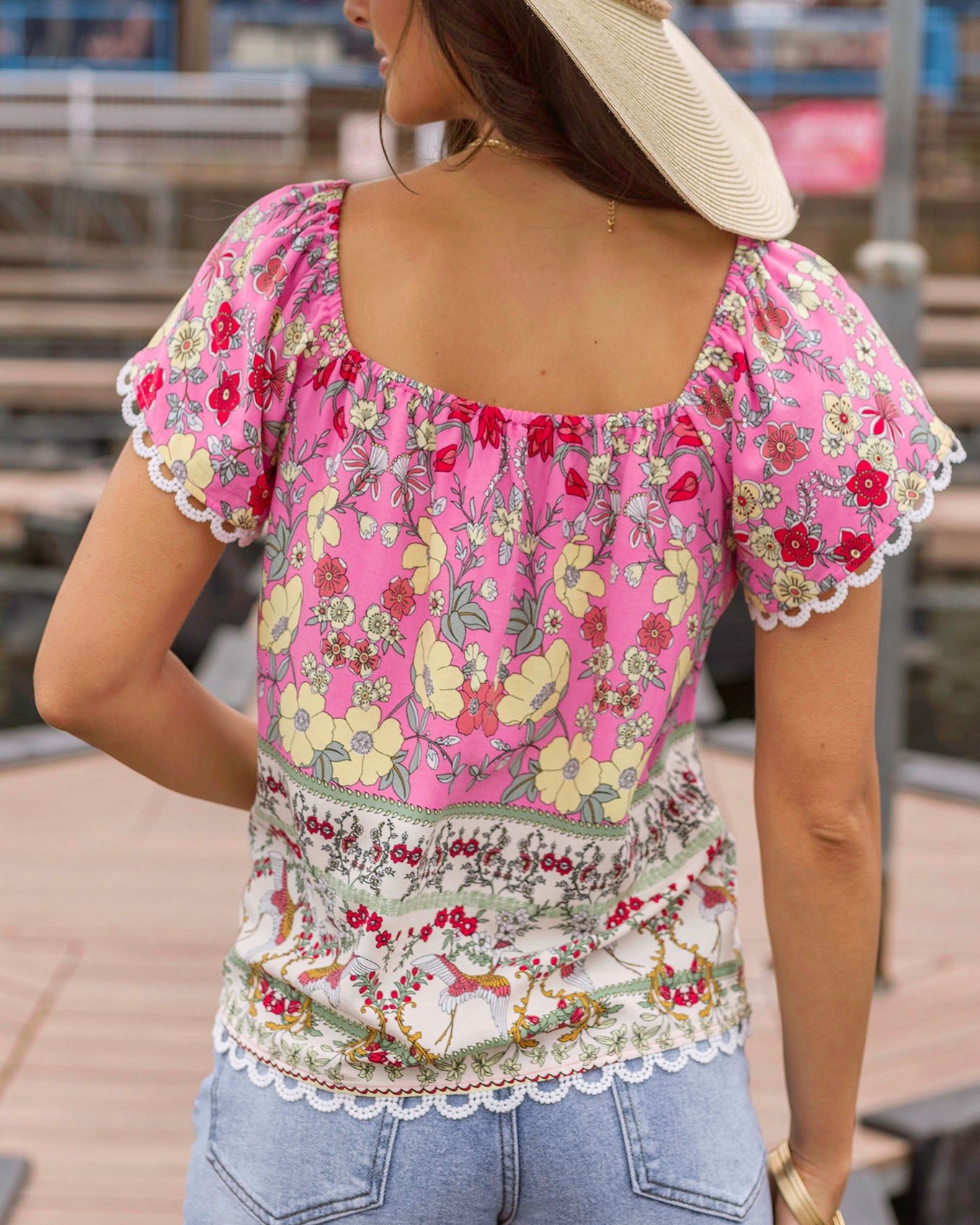 Breezy Border Print Peasant Top