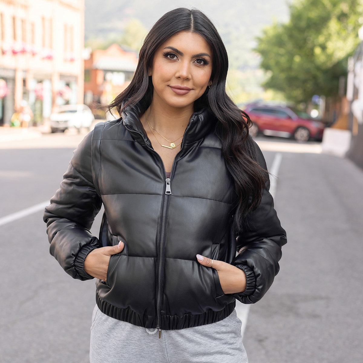 Black faux leather puffer jacket on sale