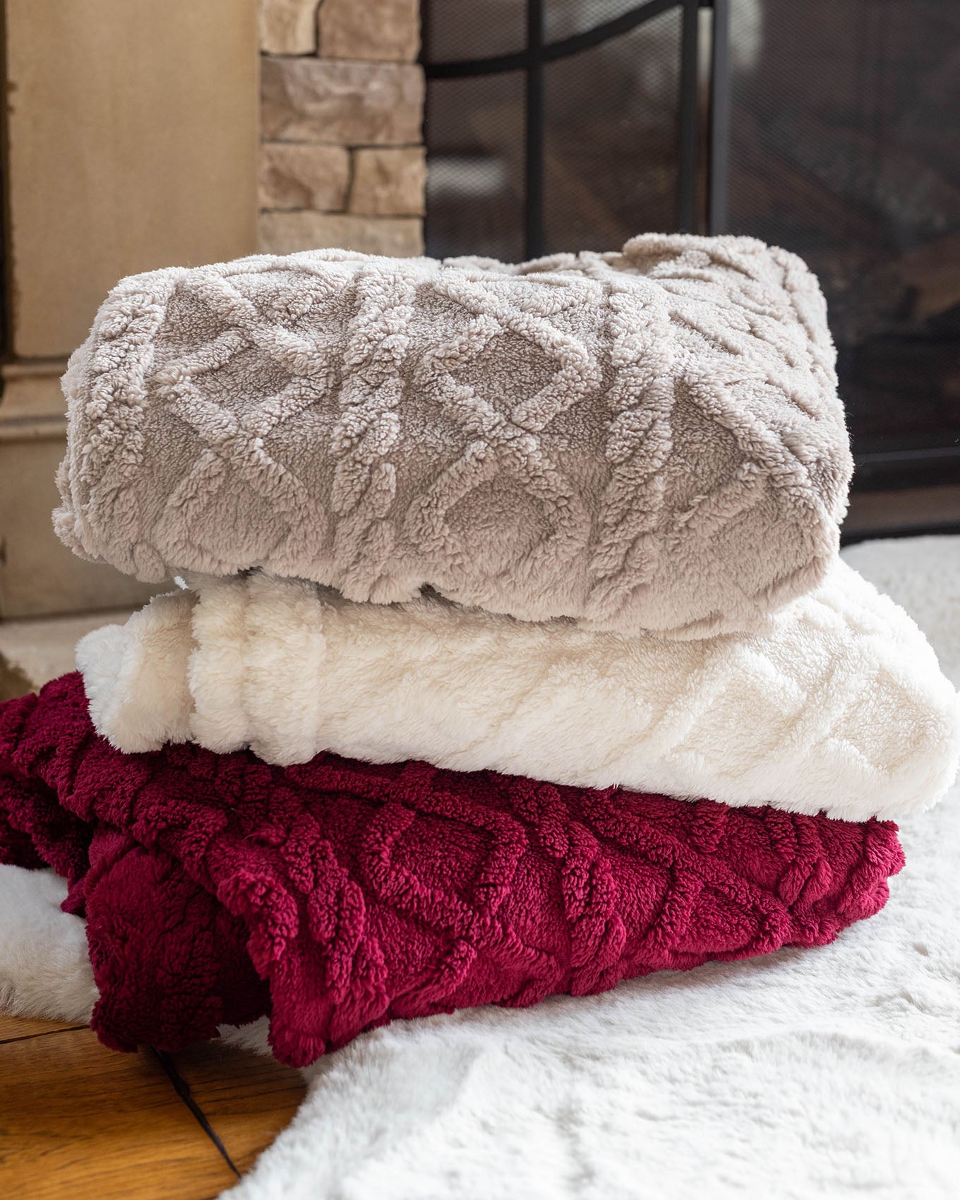 Cabled Winter White Sherpa Blanket