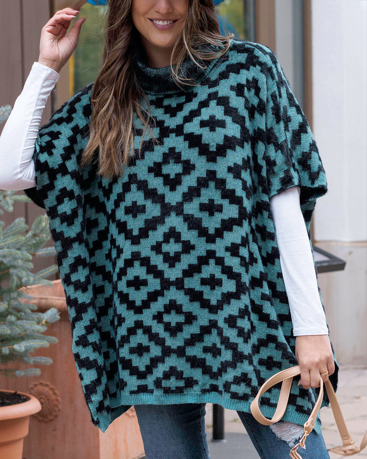 Front view of Teal Aztec Cozy Cowl Neck Pullover