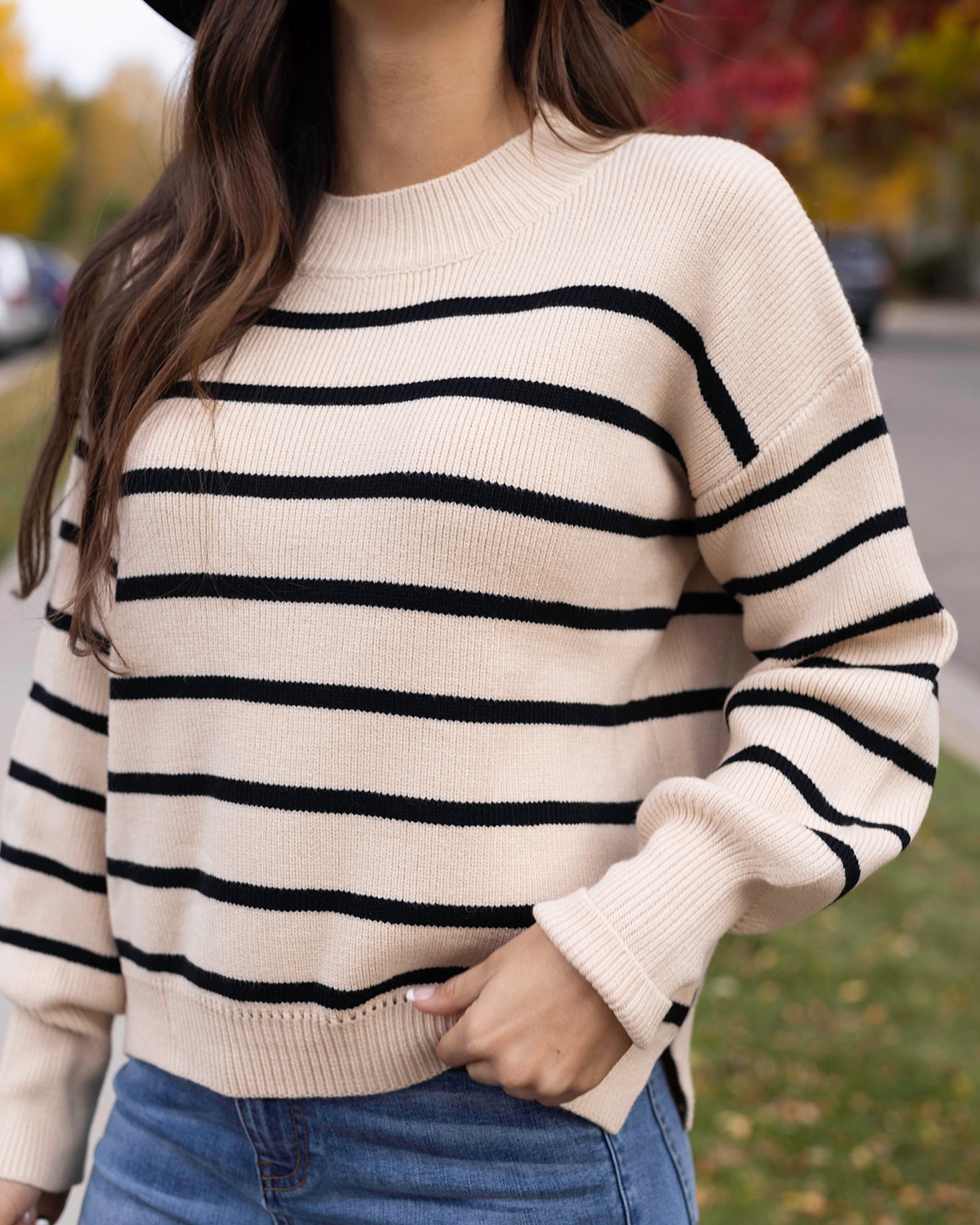 Black and white clearance striped crew neck sweater