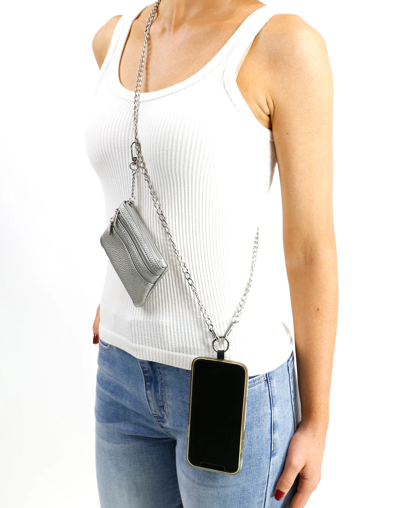 Silver Crossbody Cell Phone Chain w/ Wallet