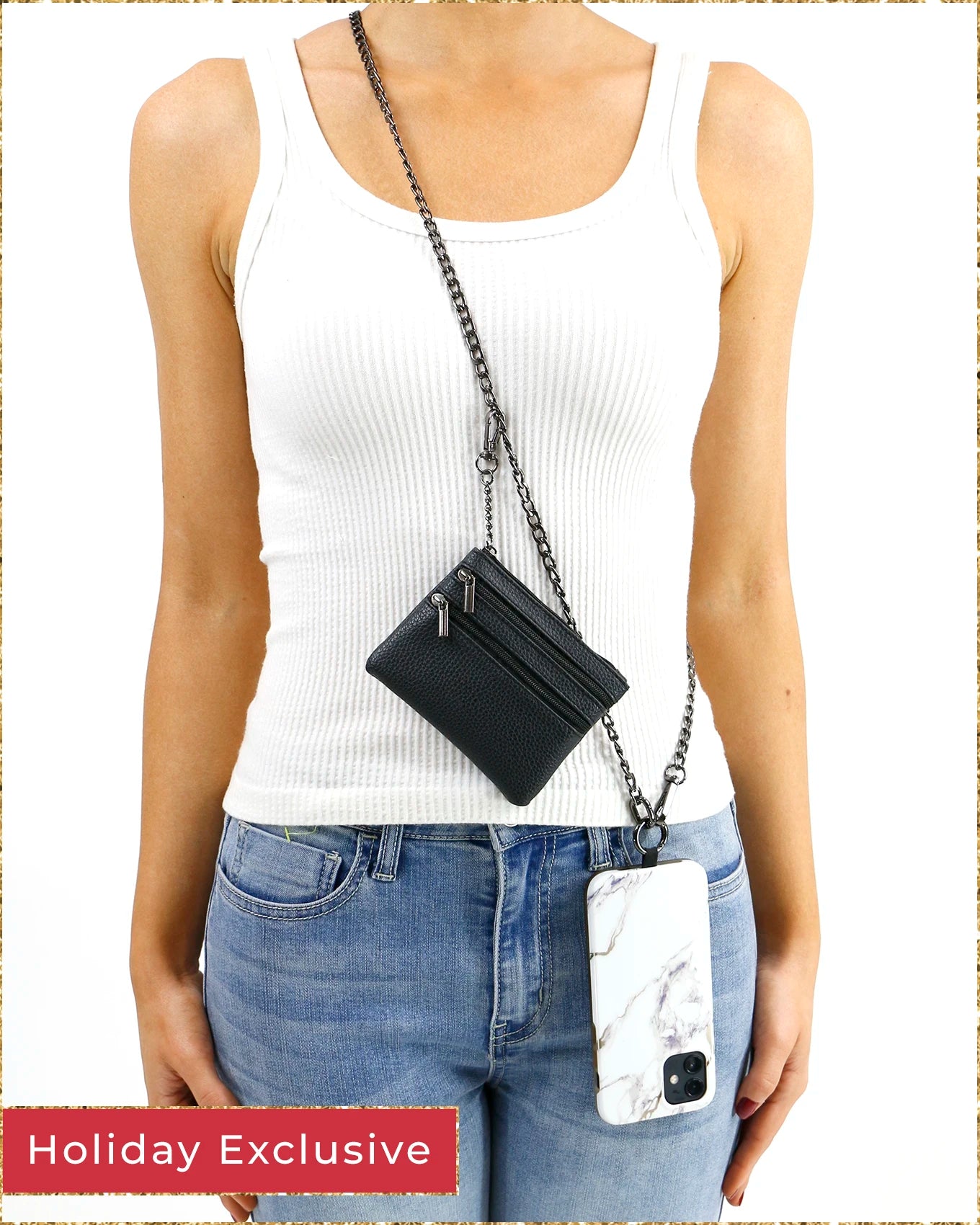 Chrome Black Crossbody Cell Phone Chain w/ Wallet