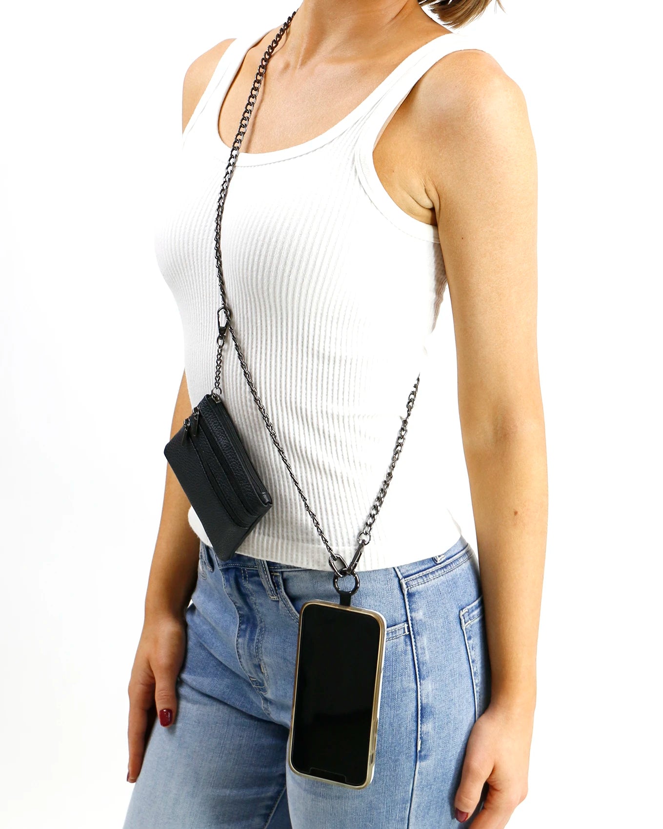 Chrome Black Crossbody Cell Phone Chain w/ Wallet