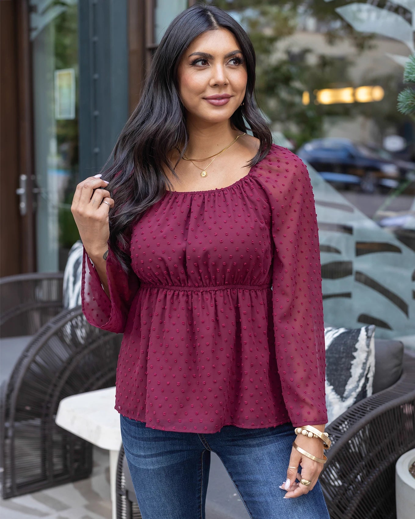 Dobby Dot Zinfandel Peplum Top