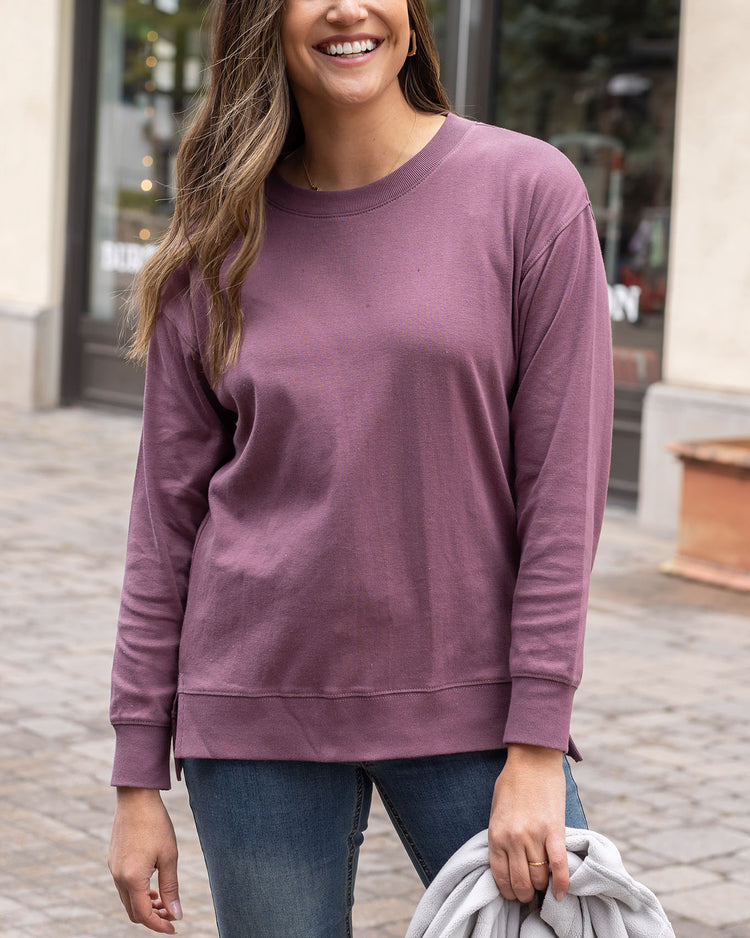 front view of purple long sleeve tee