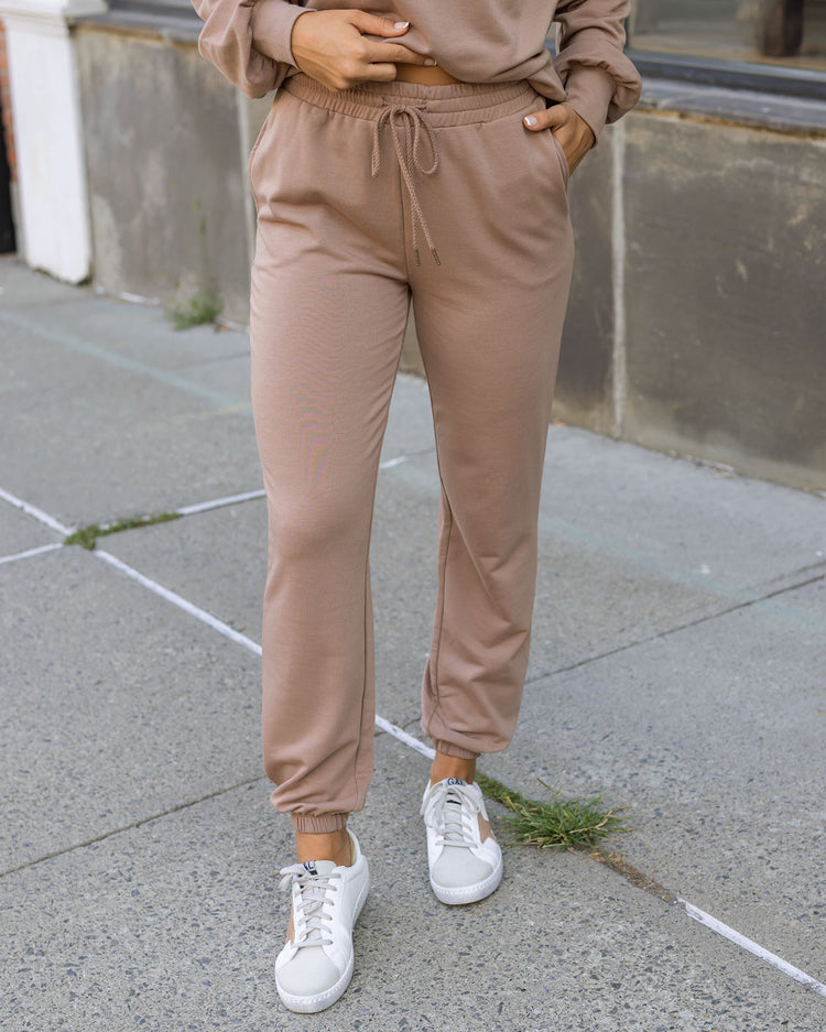 front view of soft tan sweatpants