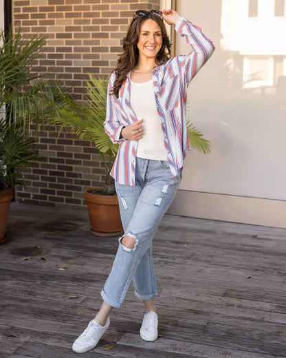 red and white striped button up shirt