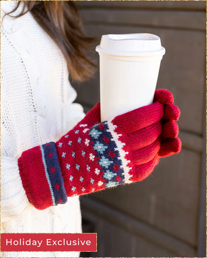 Fleece Lined Knit Gloves - Red