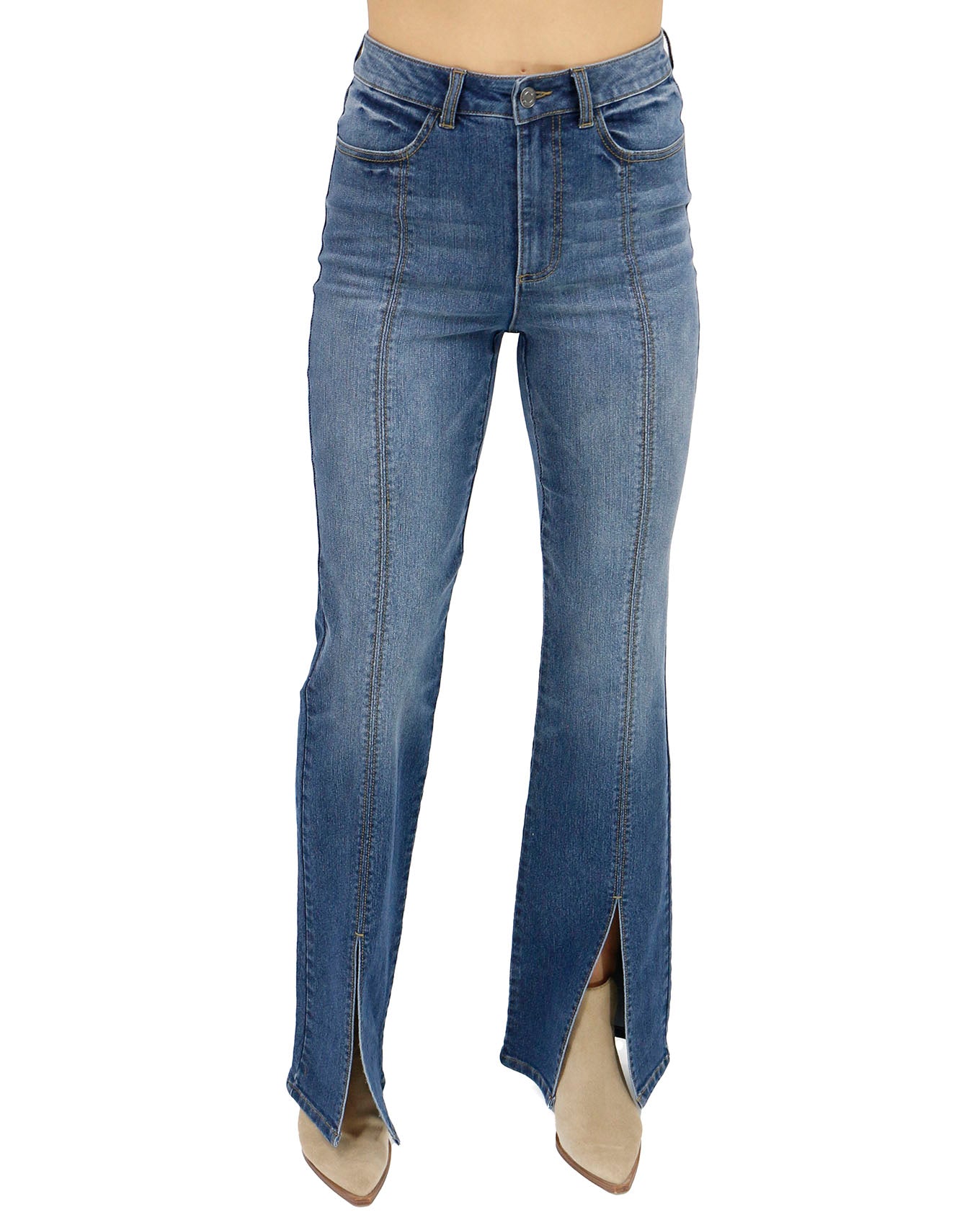 Front Slit Aged Mid-Wash Jeans