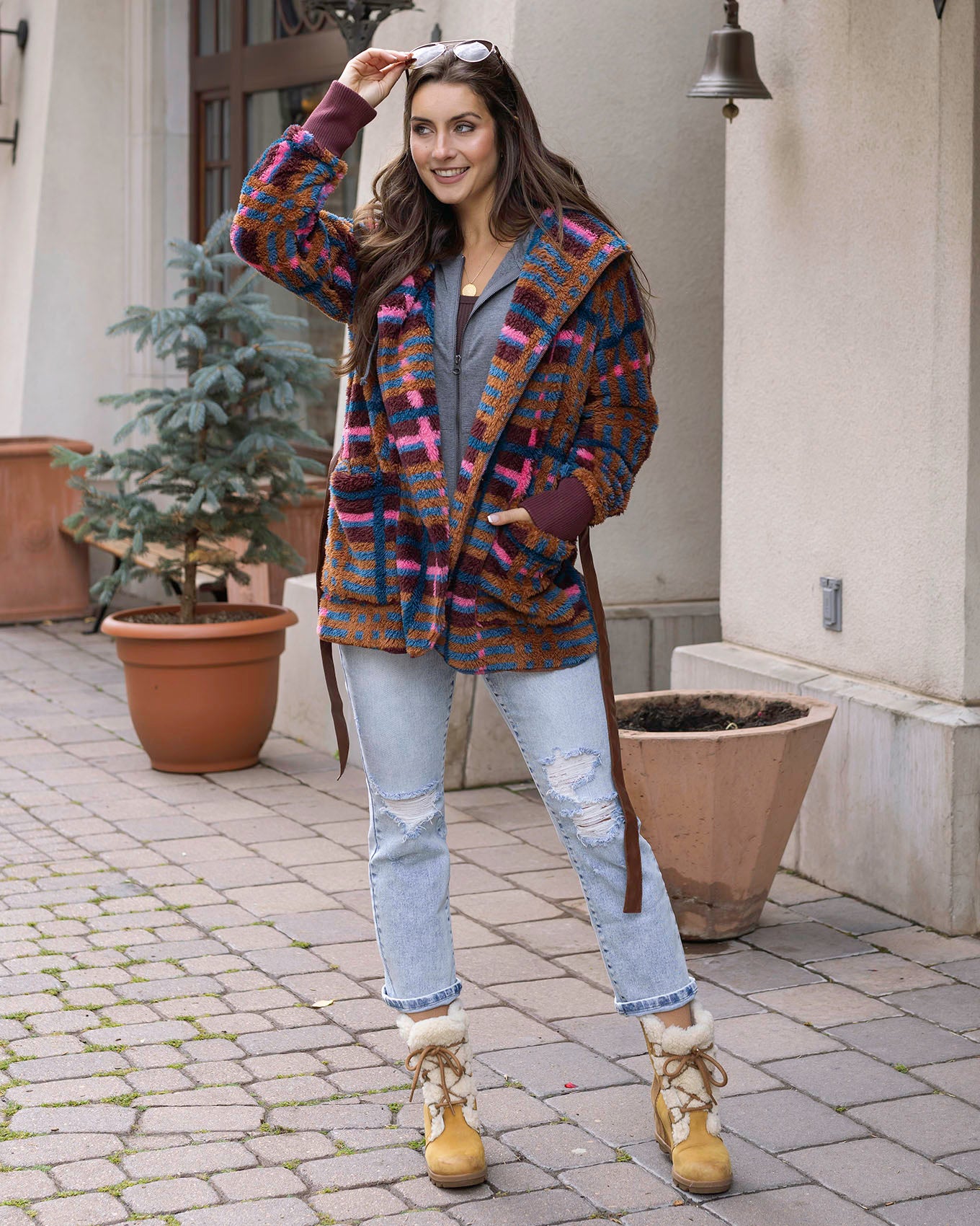 Fuzzy Fleece Jewel Plaid Wrap Jacket