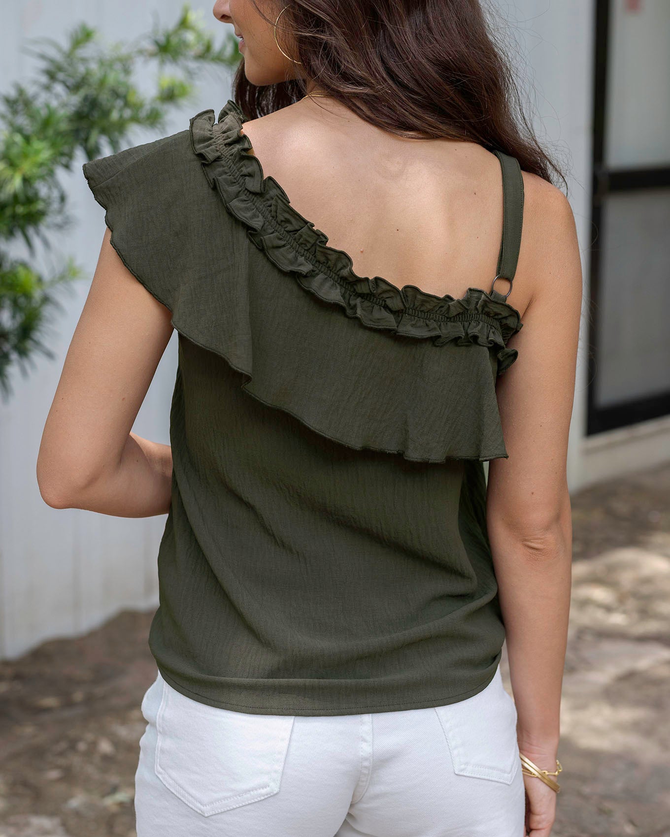 Havana One Shoulder Ruffle Top in Deep Green Deep Green Xs