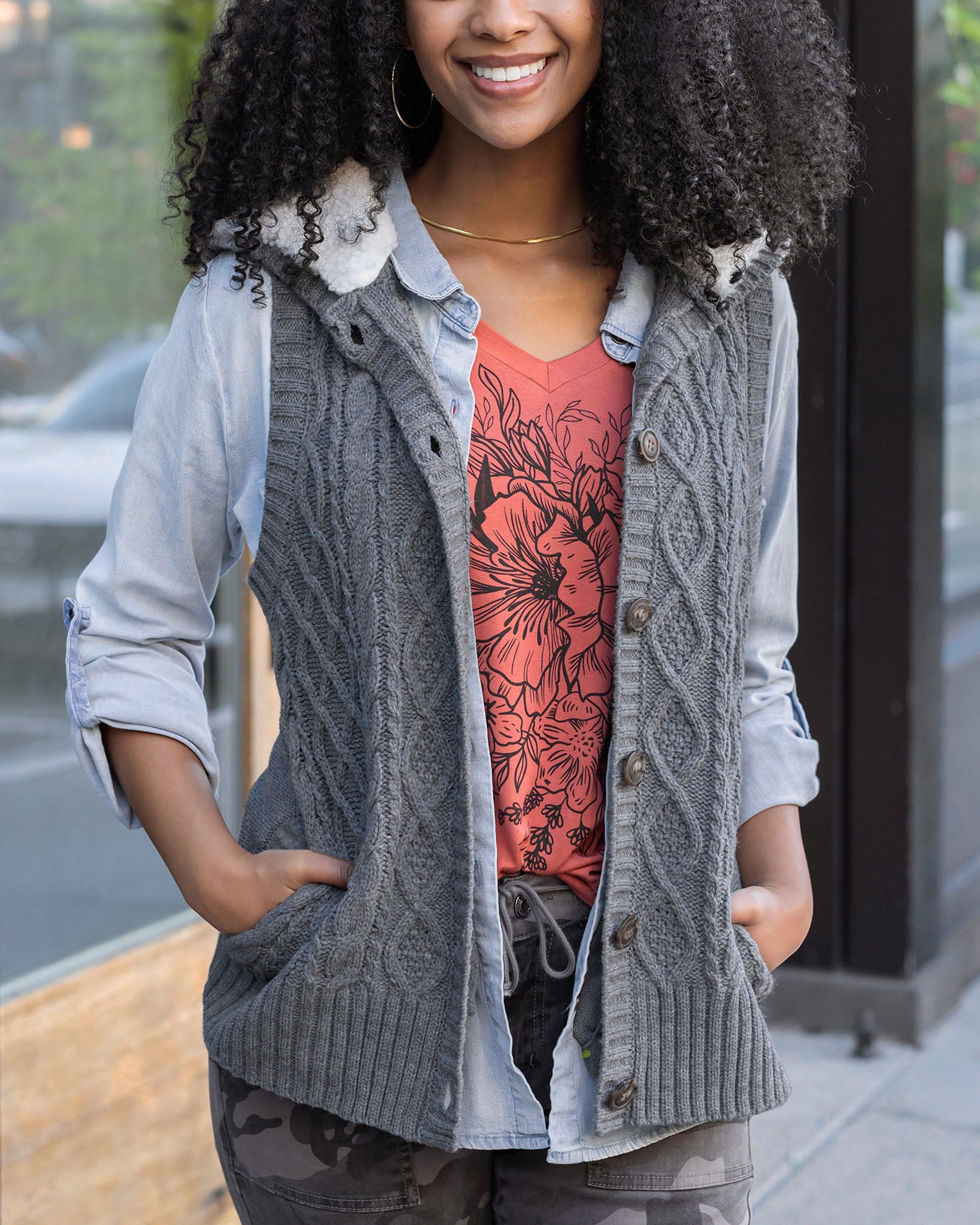 Charcoal Hooded Cable Knit Vest - FINAL SALE - Grace and Lace
