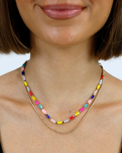 Layered Glass Bead Necklace in Gold/Multi