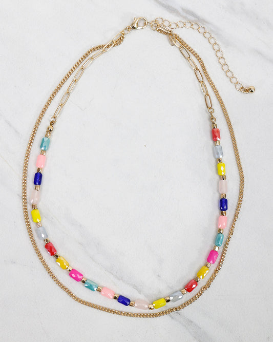 Layered Glass Bead Necklace in Gold/Multi