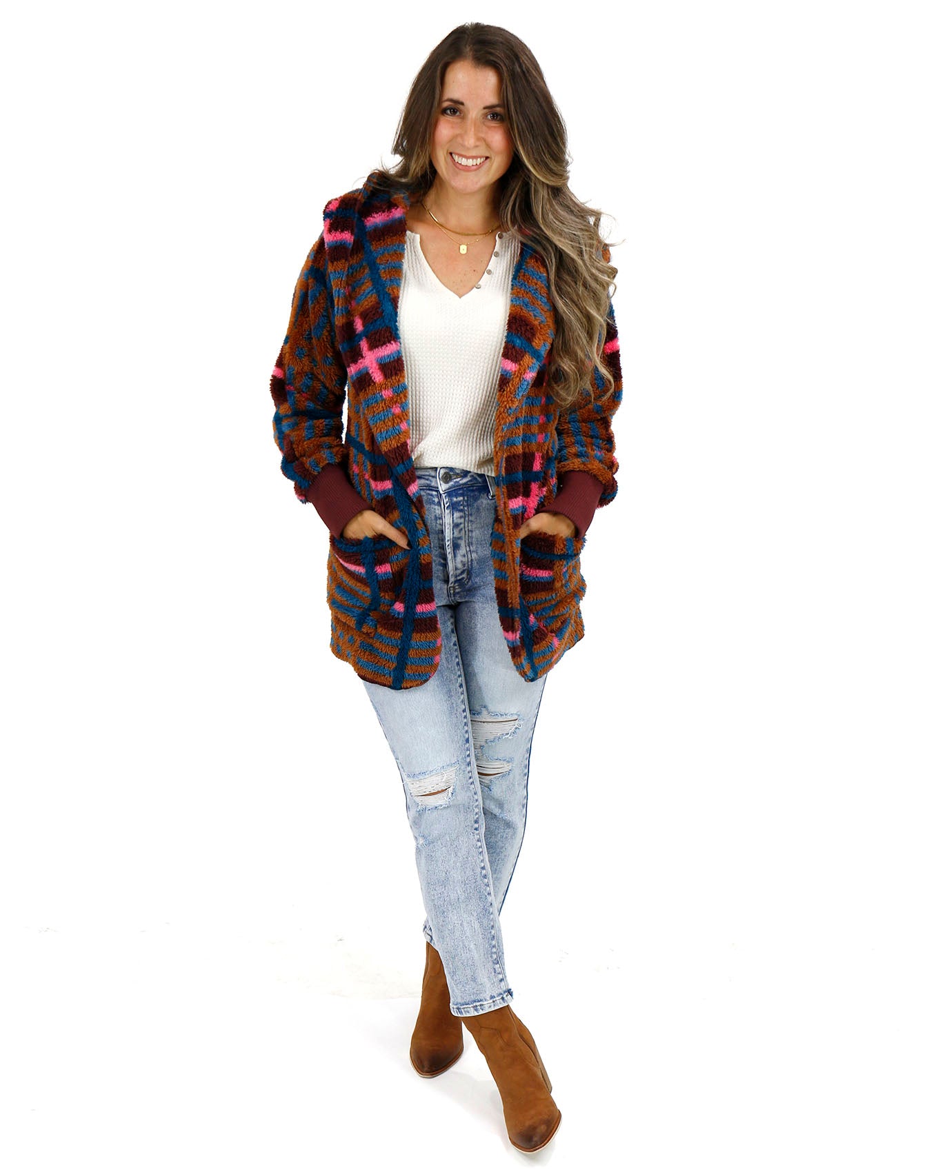 Fuzzy Fleece Jewel Plaid Wrap Jacket - Grace and Lace