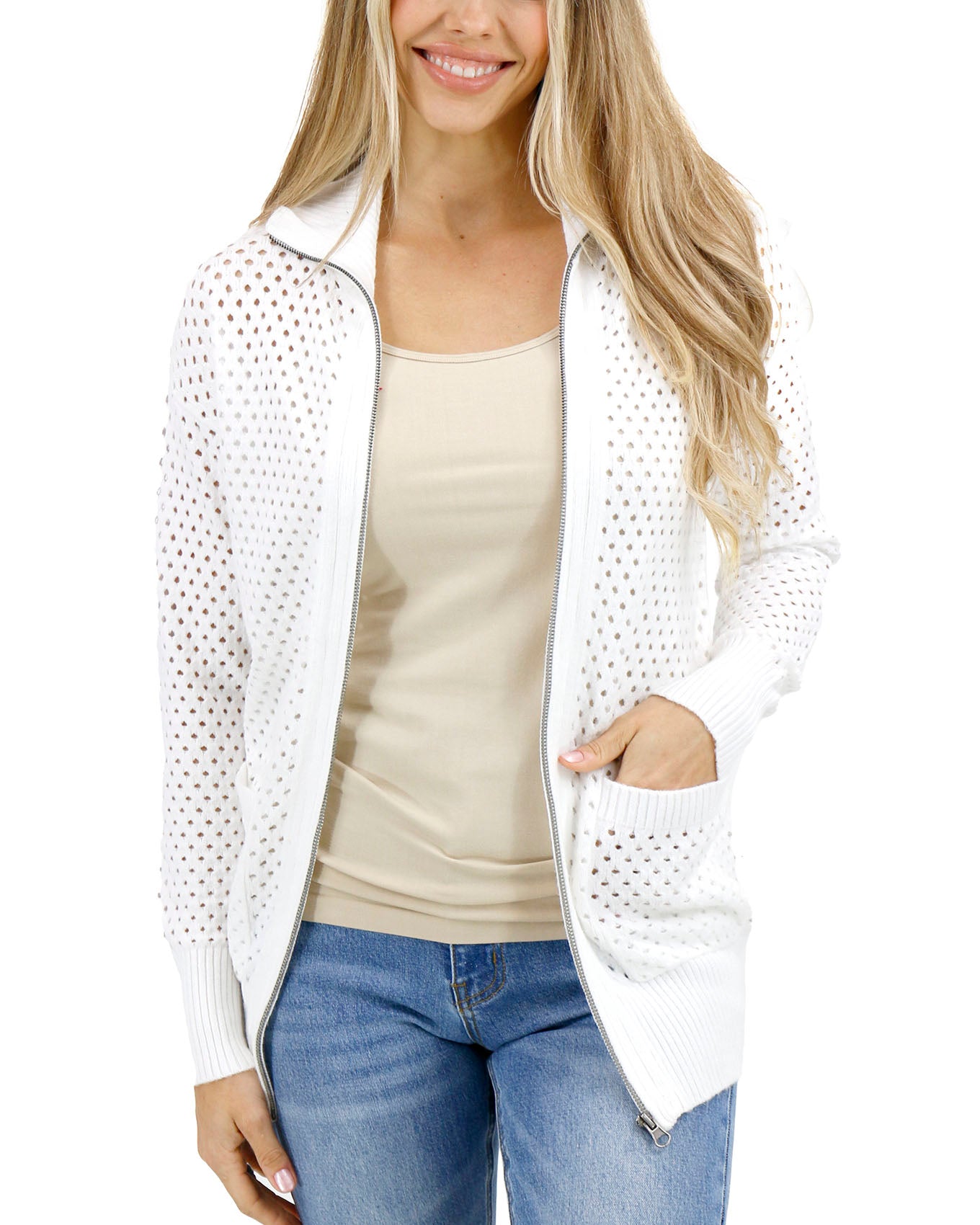 White Open Knit Zippered Cardigan - Grace and Lace