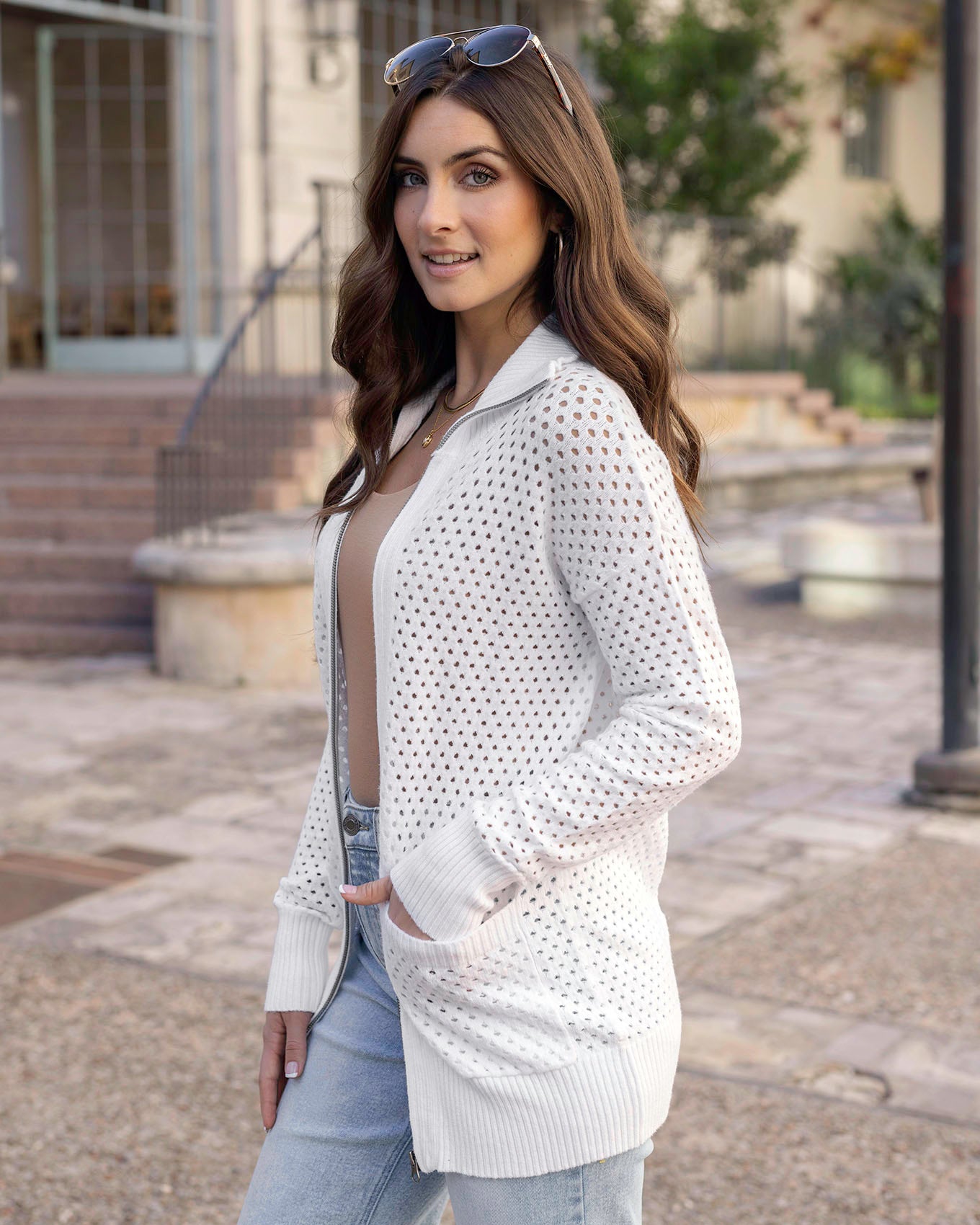 White Open Knit Zippered Cardigan - Grace and Lace