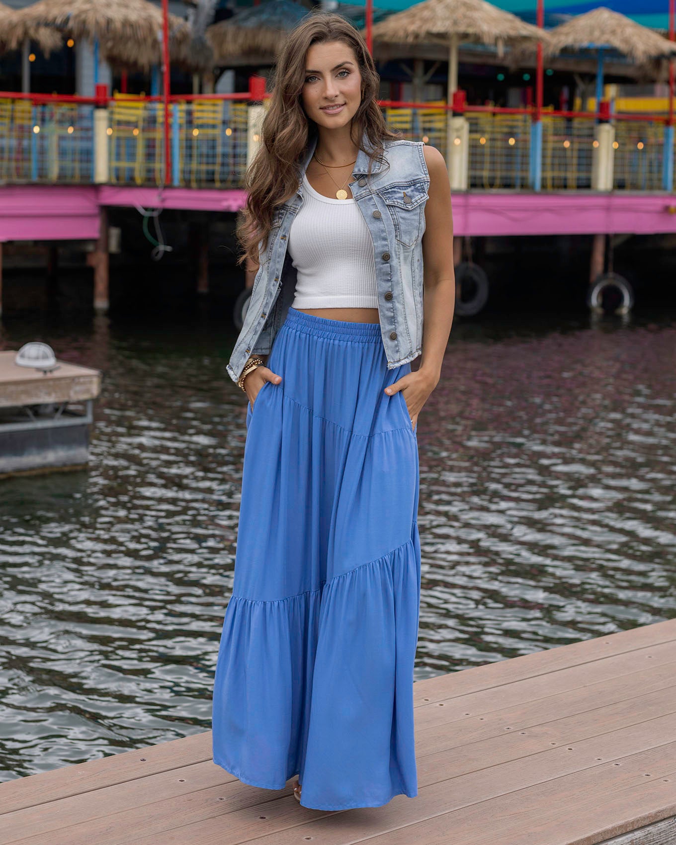 Pocketed Tiered Maxi Skirt in Cornflower Blue