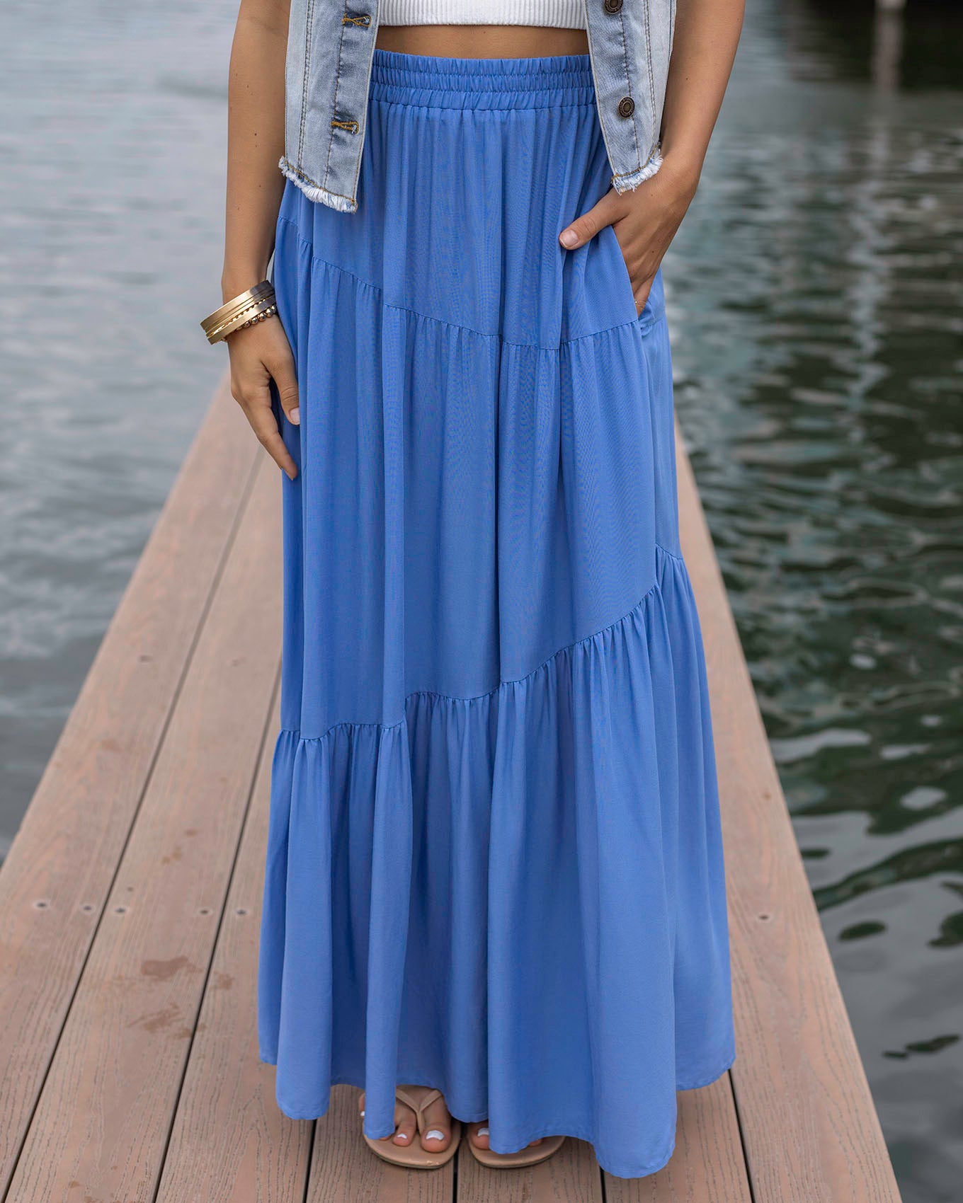 Pocketed Tiered Maxi Skirt in Cornflower Blue