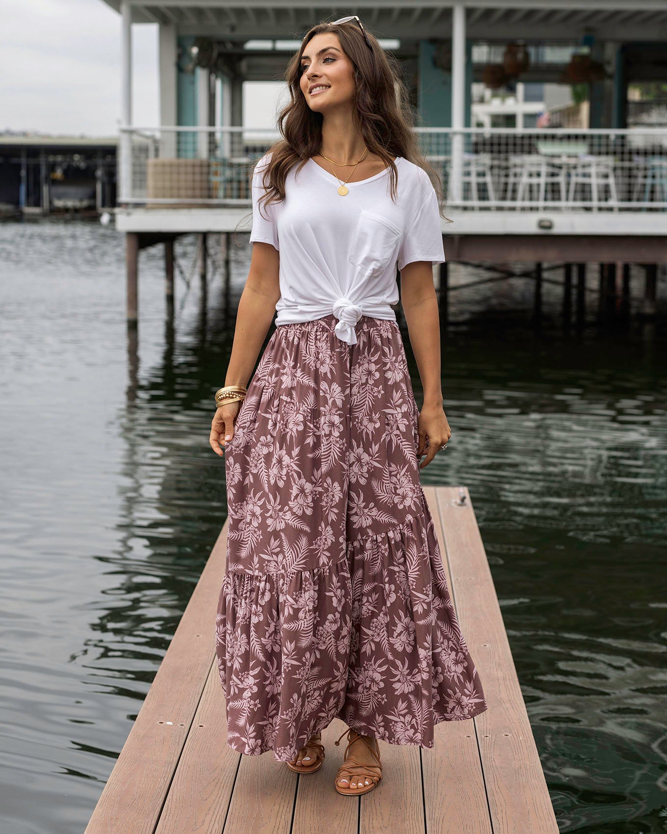 Pocketed Tiered Maxi Skirt in Pink Floral Grace and Lace