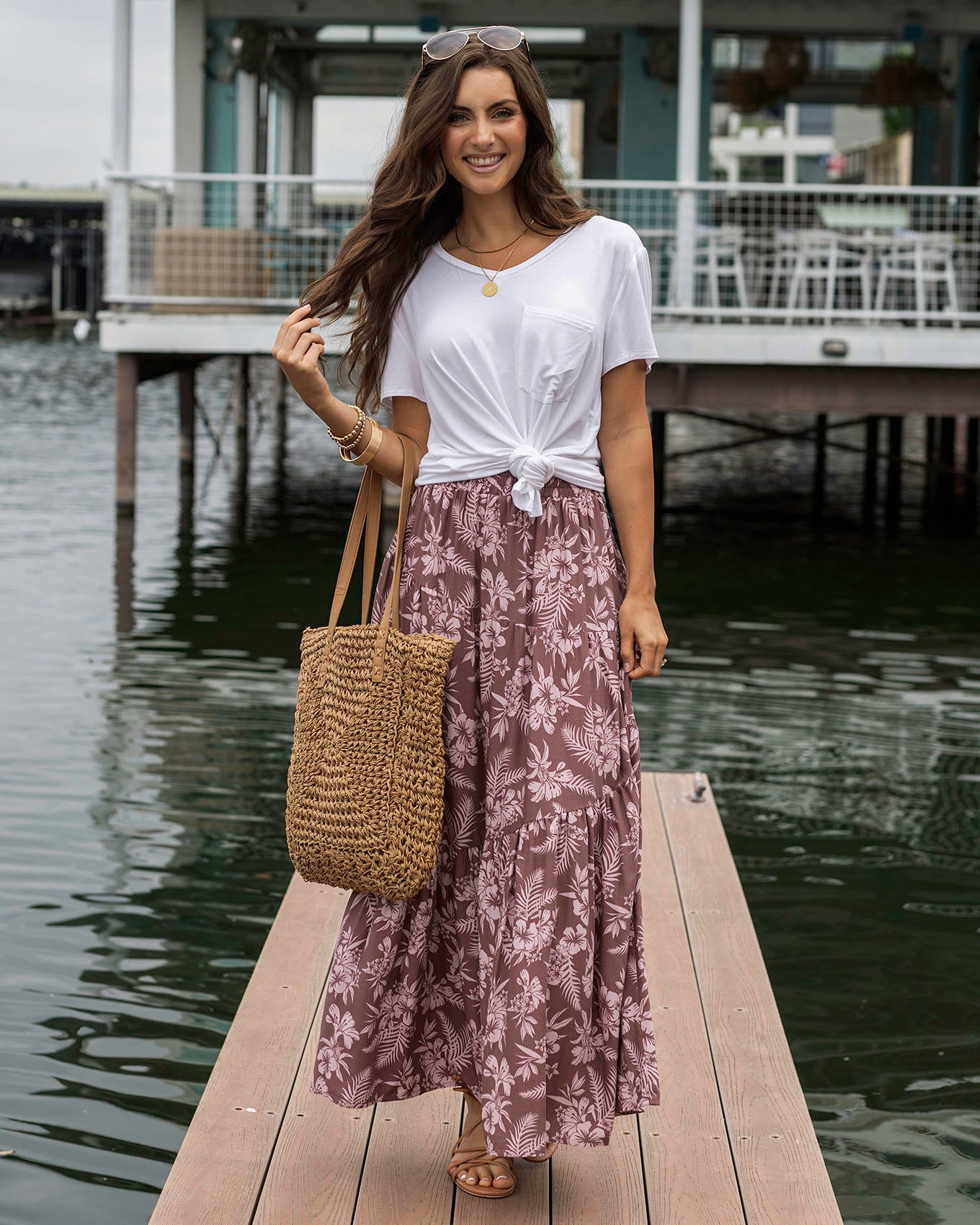 Pocketed Tiered Maxi Skirt in Pink Floral