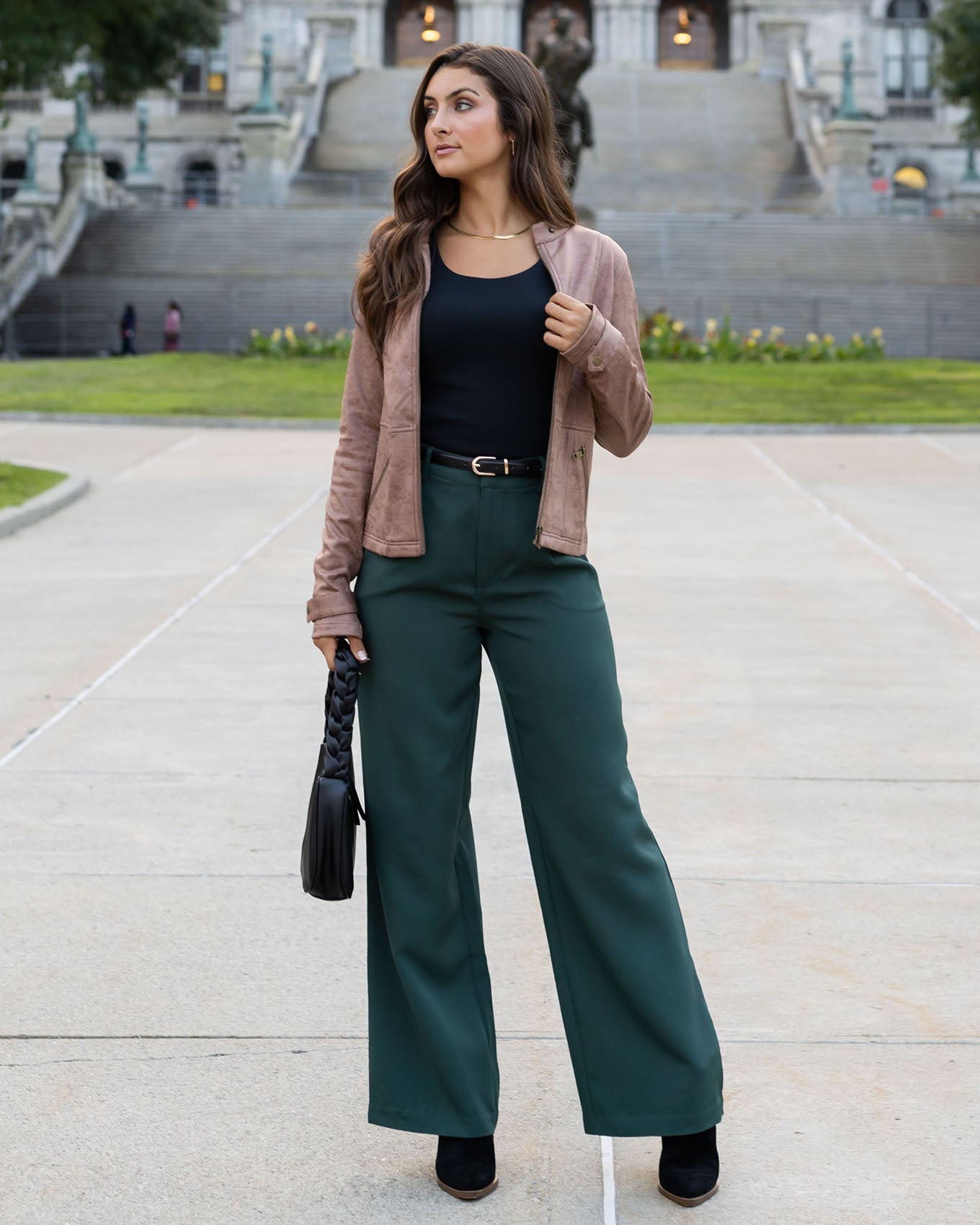 Green wide leg outlet pants outfit