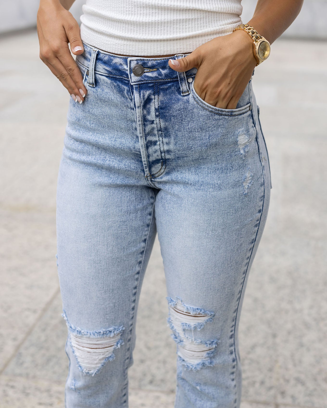 Premium Denim High Waisted Mom Jeans in Distressed Light Mid-Wash