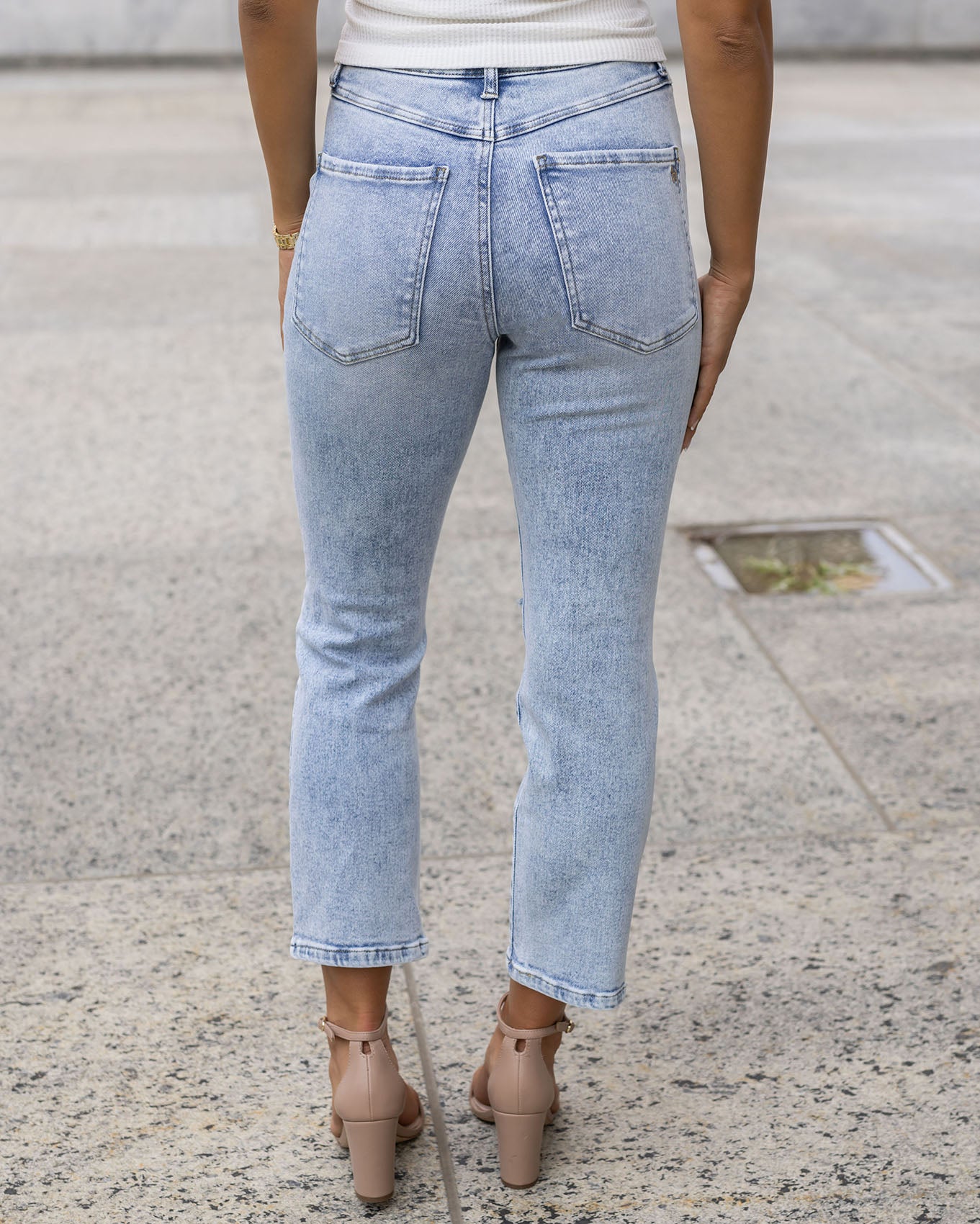 Premium Denim High Waisted Mom Jeans in Distressed Light Mid-Wash ...