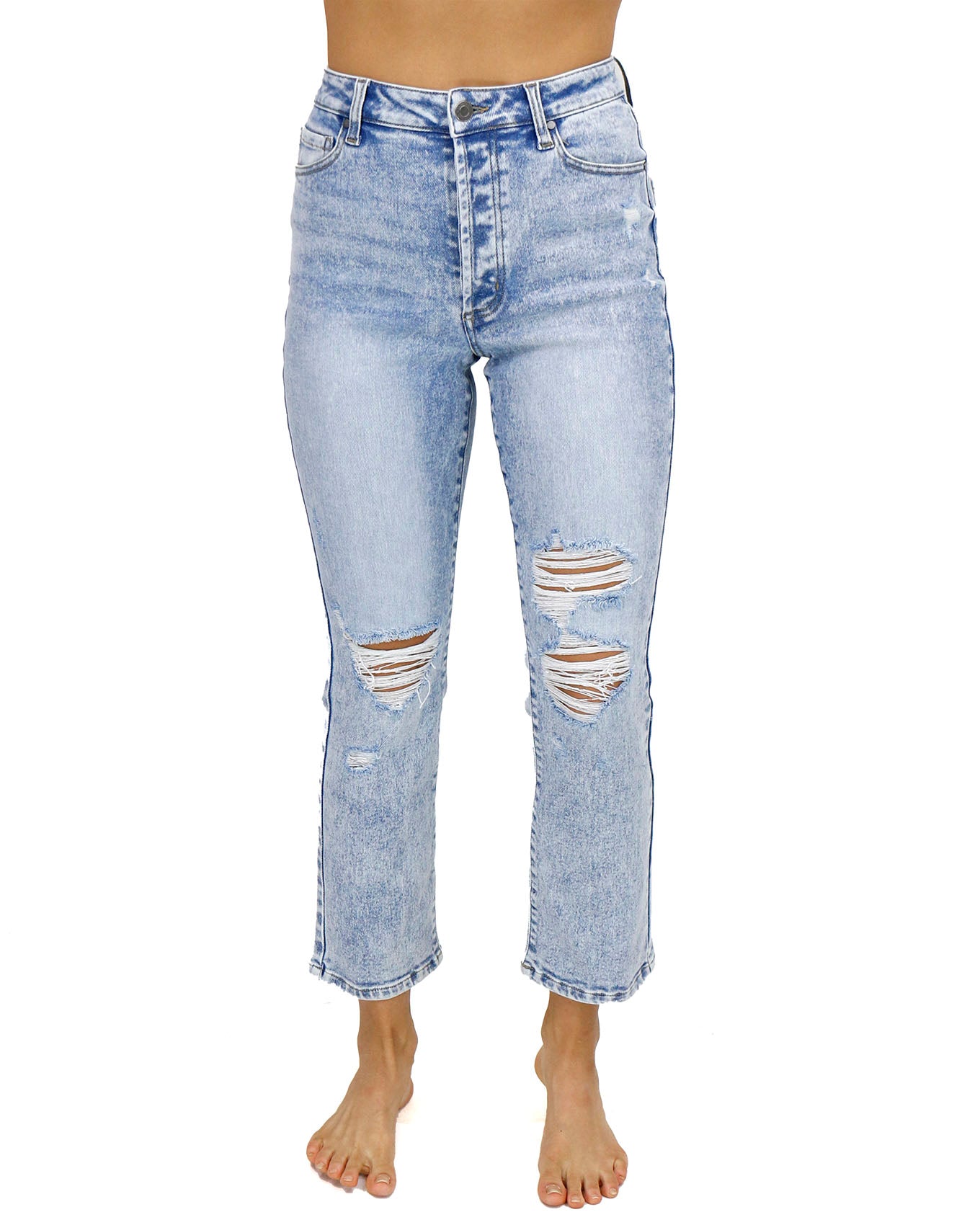 Distressed Low Rise Totally Shaping Stretch Denim Relaxed Bootcut