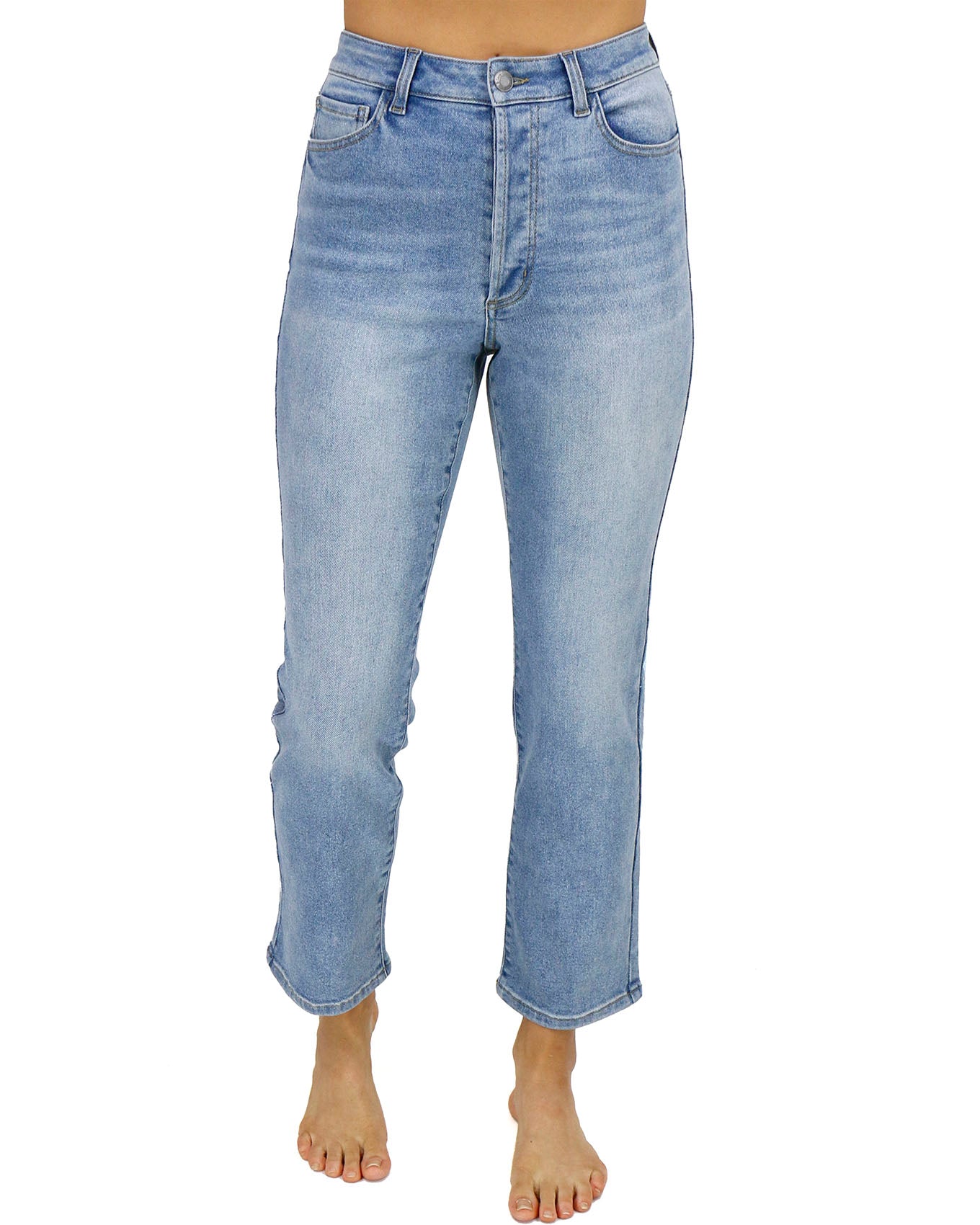 Premium Denim High Waisted Mom Jeans in Non Distressed Mid-Wash