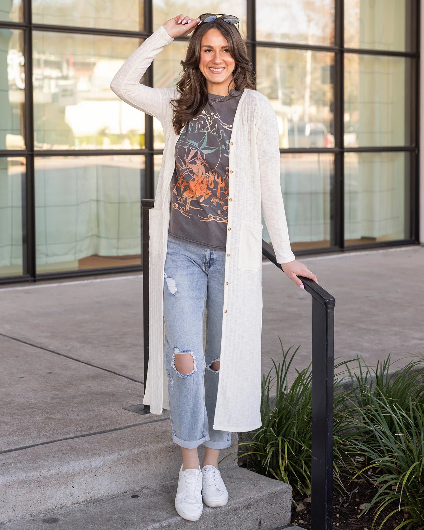 Ivory Ribbed Long Duster Cardigan