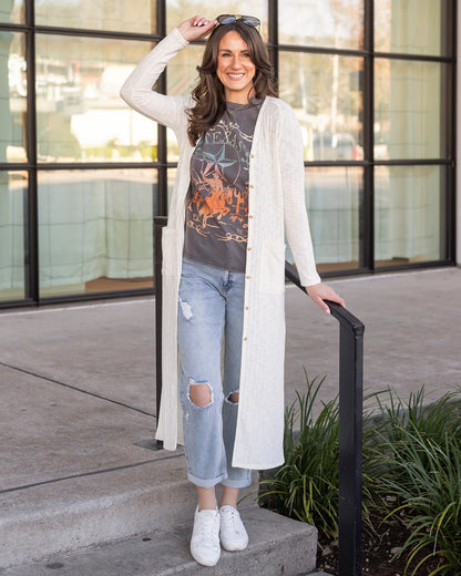 Ivory Ribbed Long Duster Cardigan