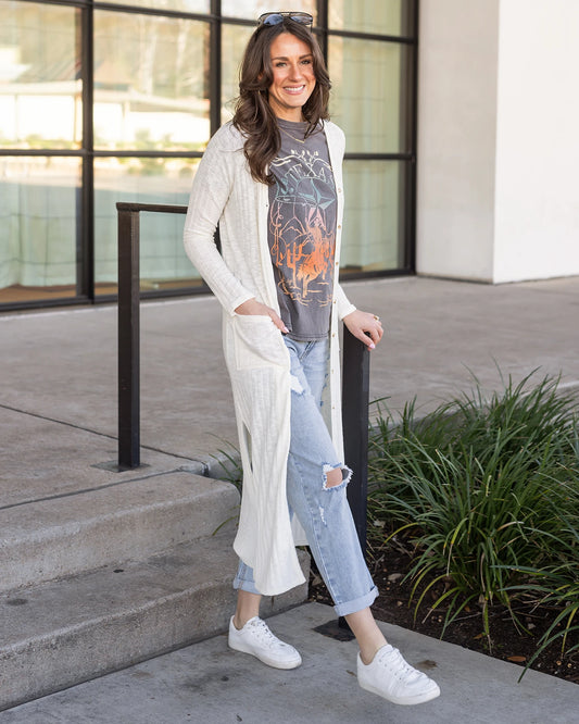 Ivory Ribbed Long Duster Cardigan