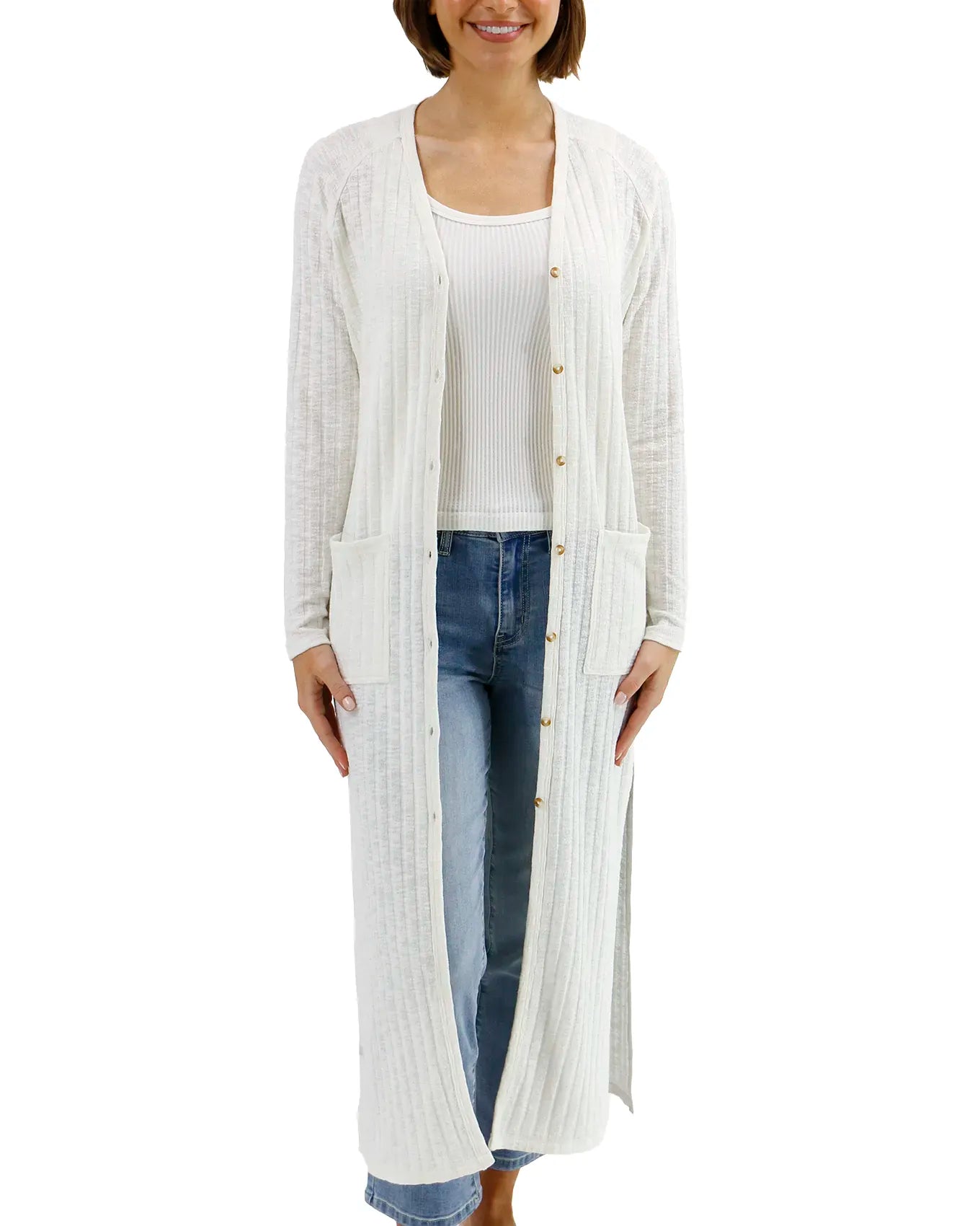 Ivory Ribbed Long Duster Cardigan