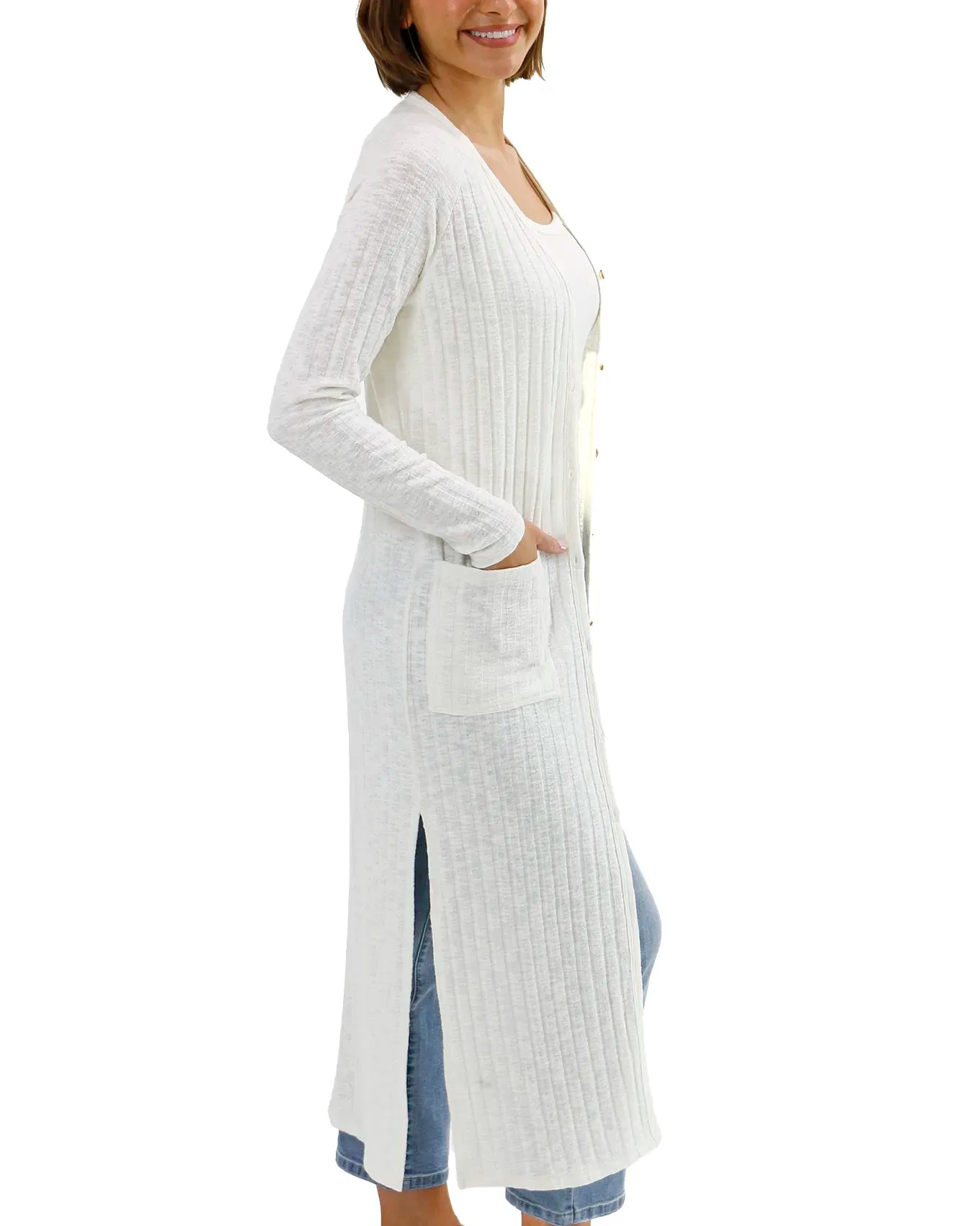 Ivory Ribbed Long Duster Cardigan