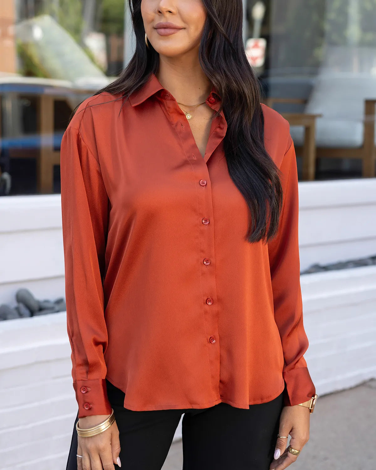 Satin Rust Button Down Top - Grace and Lace