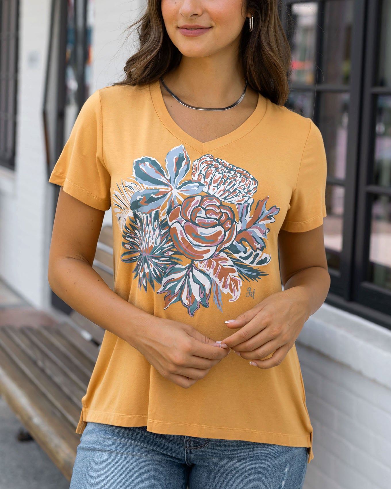 VIP Favorite Perfect V-Neck Graphic Tee - Mustard Floral - FINAL 