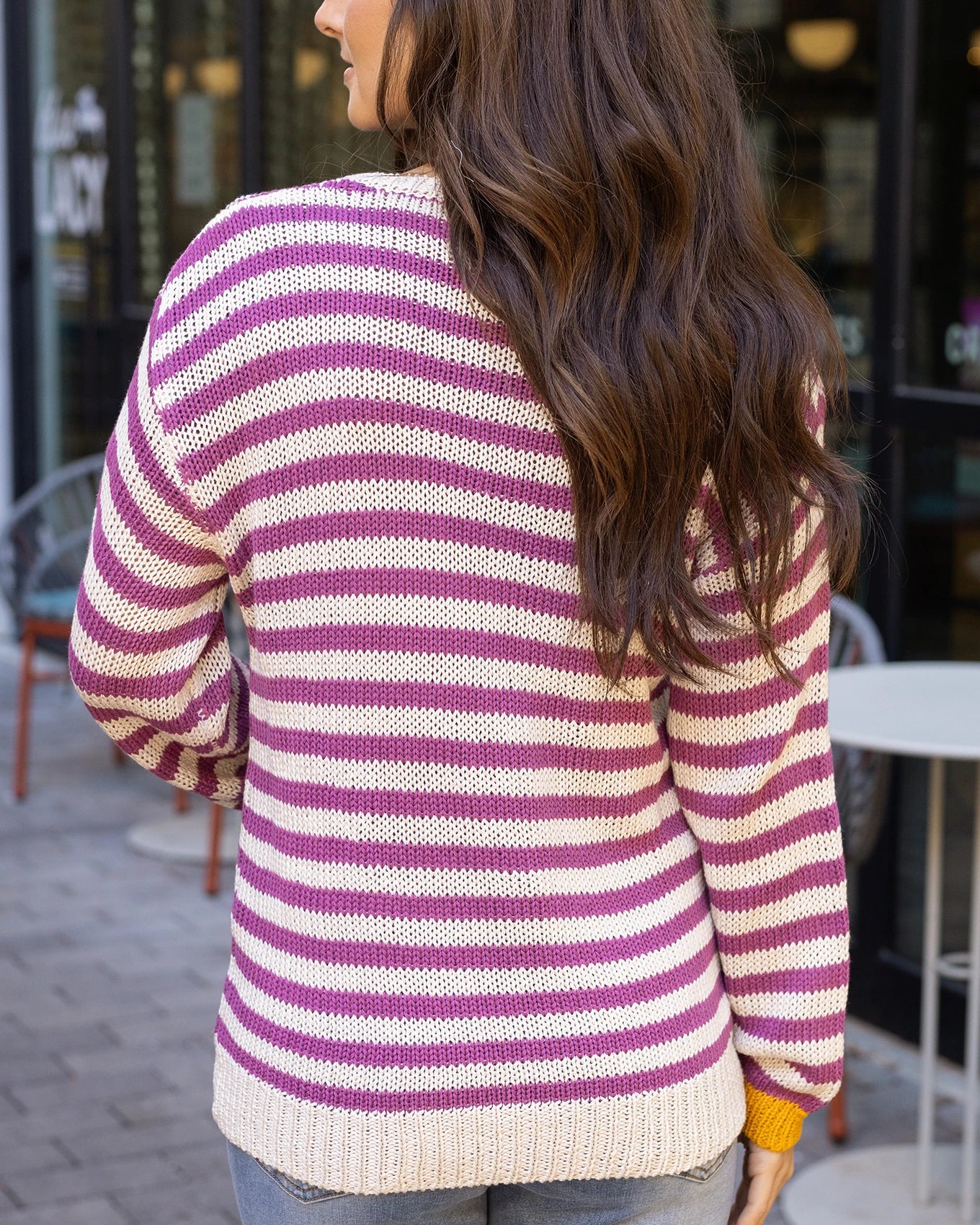 purple striped sweater