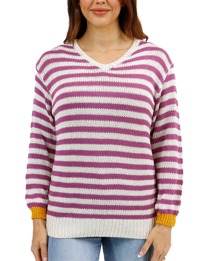 purple and white striped sweater