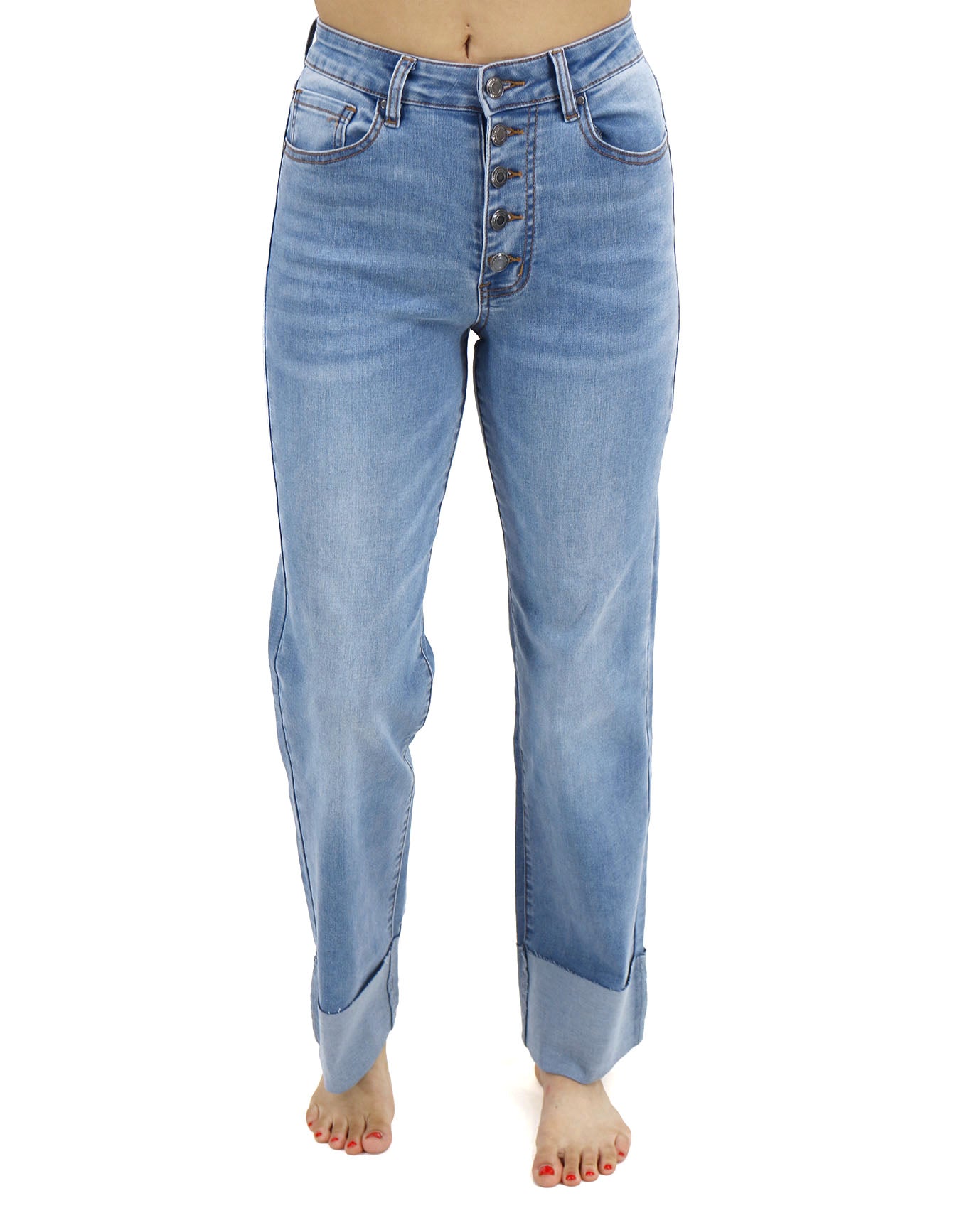 Straight Leg Cuffed Mid Wash Jeans