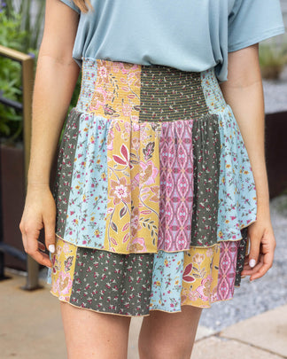 Patchwork Print Summer Tiered Skort - Patchwork Print / S - Grace and Lace