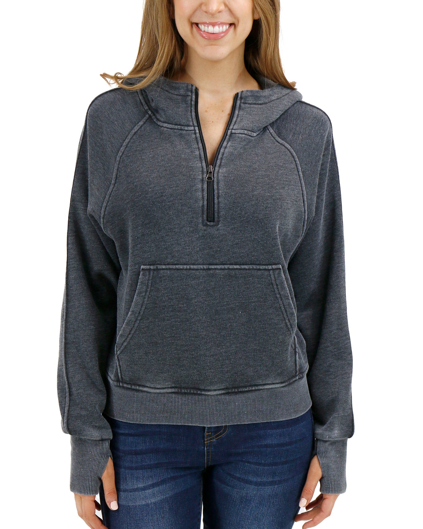 Vintage Washed Quarter Zip Hoodie in Washed Grey - Grace and Lace