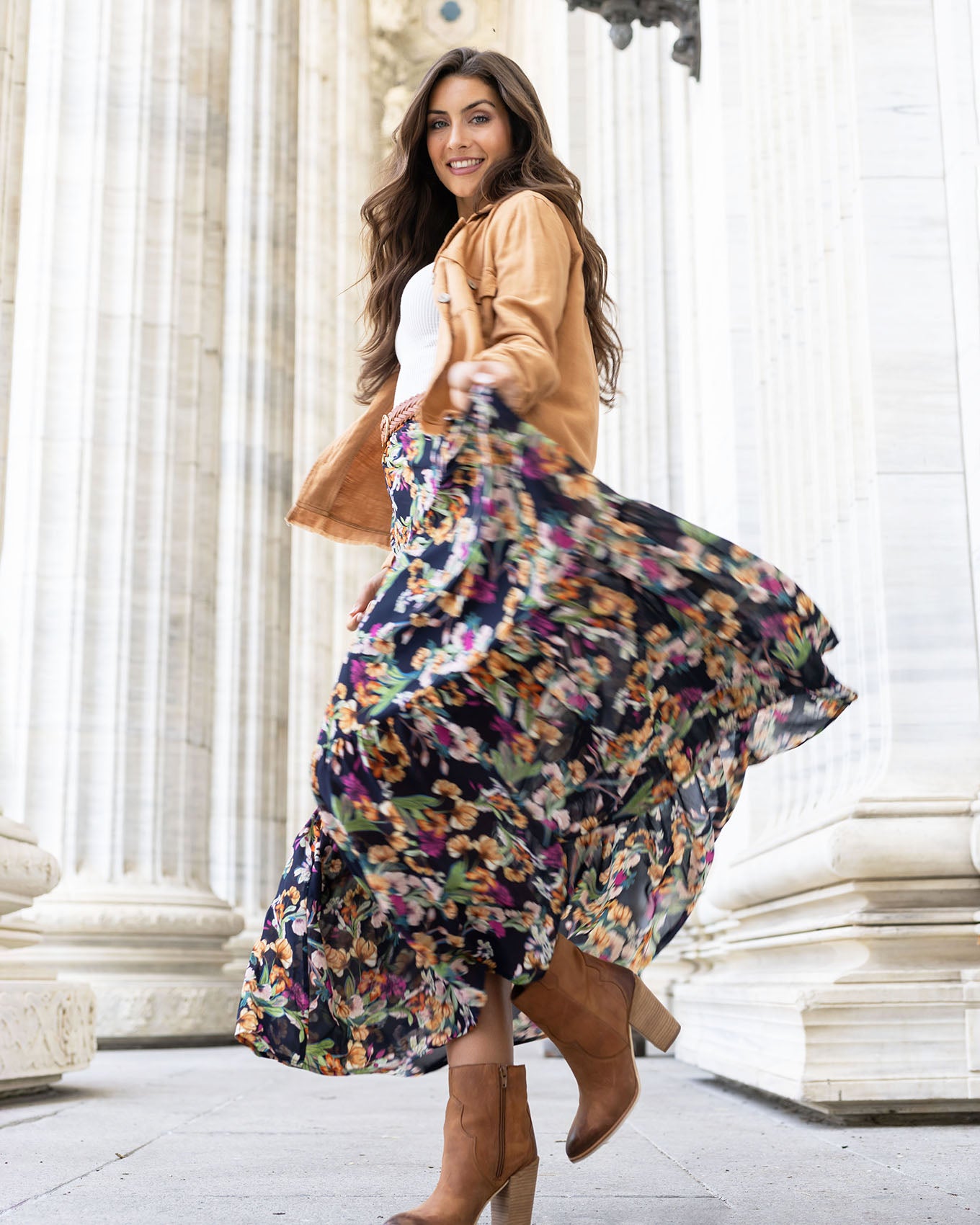 Glamorous tiered maxi 2025 skirt in autumn floral