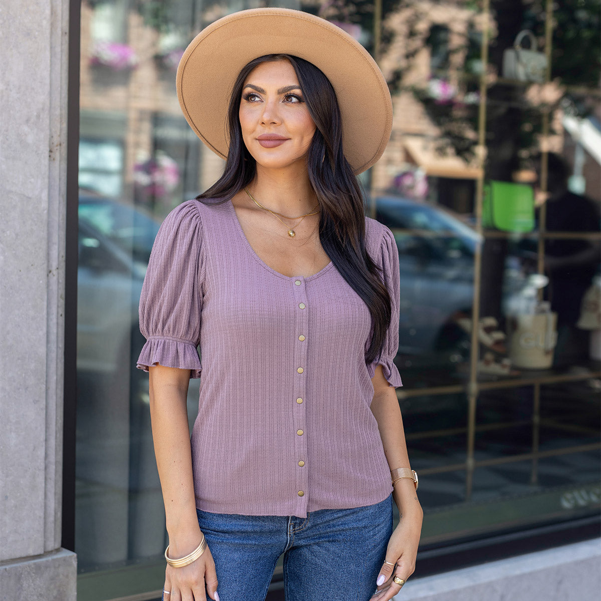 Scoop Neck Puff Mystic Purple Sleeve Top