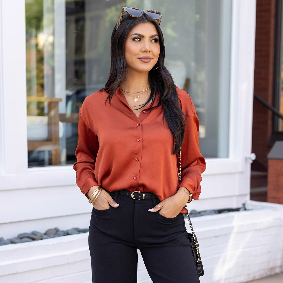 Satin Rust Button Down Top