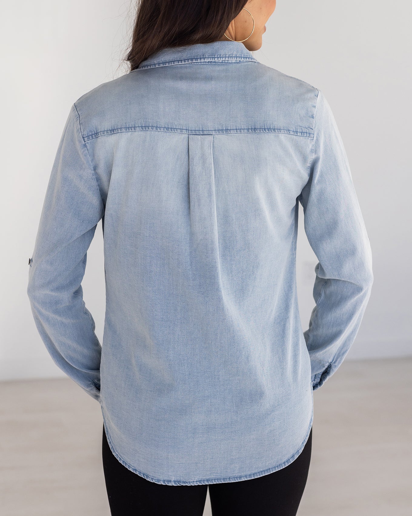 Stretch Chambray Button Top in Light-Wash - Grace and Lace
