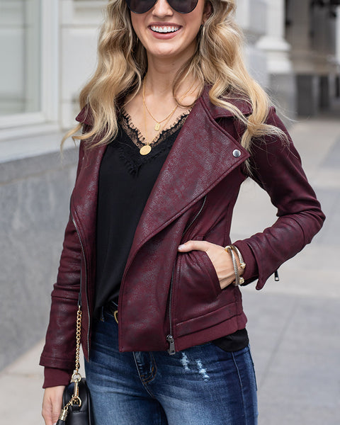 Women's Star Print Leather Biker Jacket